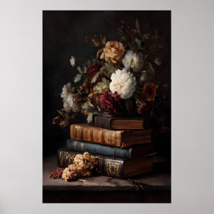 Poster Livres Anciens & Fleurs Dark Academia Nature morte
