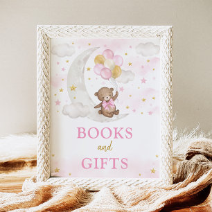 Poster Livres & Cadeaux Lune Ours Teddy Or Rose Ballons