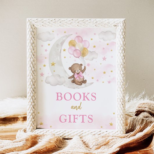Poster Livres & Cadeaux Lune Ours Teddy Or Rose Ballons