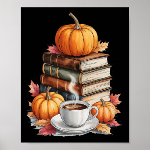 Poster Livres Café Automne Feuilles Et Citrouilles Biblio