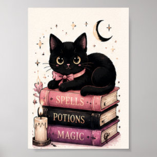 Poster Livres de sorts magiques Chat noir sorcière