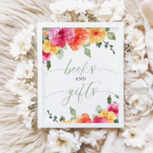 Poster Livres et cadeaux baby shower coloré floral clair