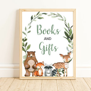Poster Livres et cadeaux bois verdure panneau baby shower