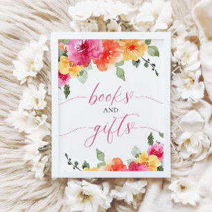 Poster Livres et cadeaux floraux orange rose baby shower
