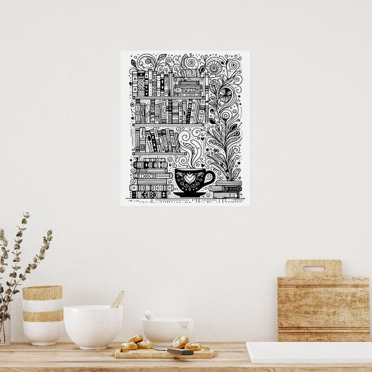 Poster Livres Et Café Couleur Me Doodle 2 (Cuisine)