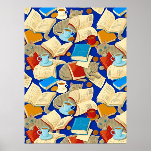 Poster Livres et chats en bleu (Devant)