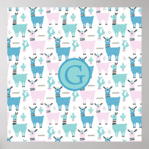 Poster Llama Alapaca Monogramme Animaux Bleu Rose Animaux