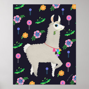 Poster Llama aux fleurs Art Imprimer