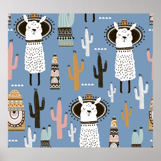 Poster Llama, Cactus, Motif d'éléments à main. (Devant)