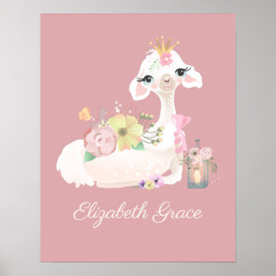 Poster Llama rose et blanc avec Fleurs Fille