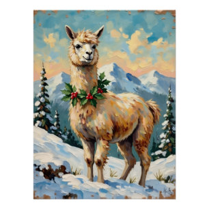 Poster Llama vintage dans un pré de Noël enneigé