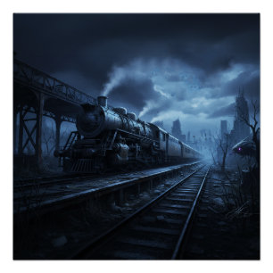 Poster Locomotive à vapeur par une nuit sombre et orageus