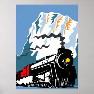 Poster locomotive à vapeur voyage montagne scène