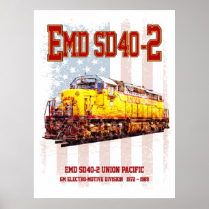 Poster Locomotive diesel EMD SD40-2 vintage Drapeau améri