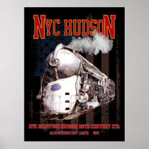 Poster Locomotive Hudson Dreyfuss NYC. Drapeau américain