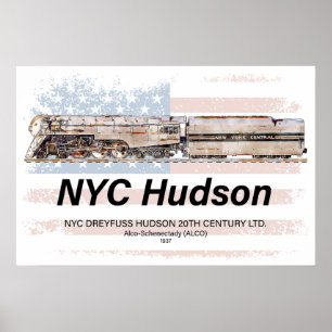 Poster Locomotive NYC Dreyfuss Hudson. Drapeau américain