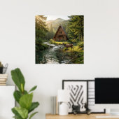 Poster Log Cabin, Stream, Mountains and Deer Nature Art (Bureau à domicile)