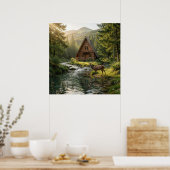 Poster Log Cabin, Stream, Mountains and Deer Nature Art (Cuisine)
