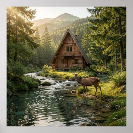 Poster Log Cabin, Stream, Mountains and Deer Nature Art (Devant)