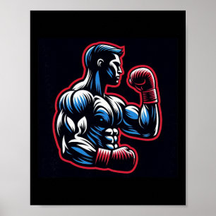 Poster Logo de boxe cool Boxeur fort Noir Rouge et Bleu S