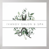 Poster Logo de ciseaux de salon de feuillage moderne (Devant)