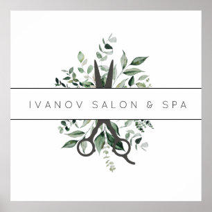 Poster Logo de ciseaux de salon de feuillage moderne