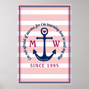 Poster Logo de monogramme nautique à rayures roses et anc