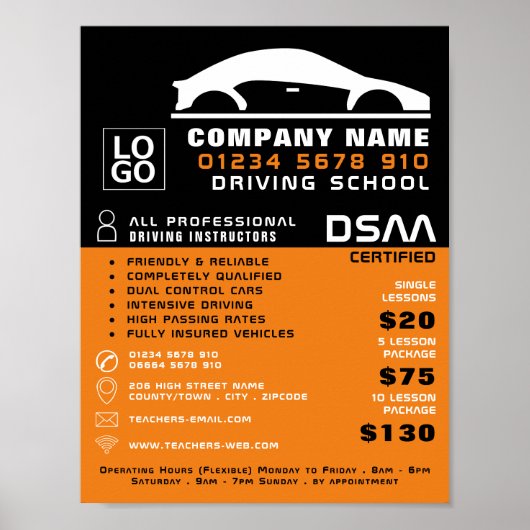 Poster Logo de voiture noir et blanc, école de conduite,  (Devant)