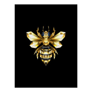 Poster Logo Faux Gold Foil Bee Polygonal sur Noir