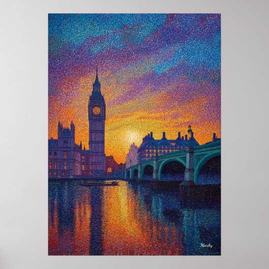 Poster London Big Ben Pointillism Skyline Sunset Art (Devant)