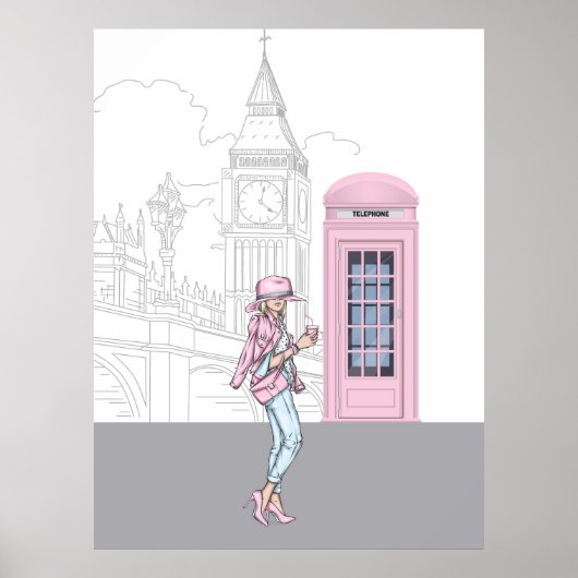 Poster London City Girl with Pink Phone Box Canvas Imprim (Devant)