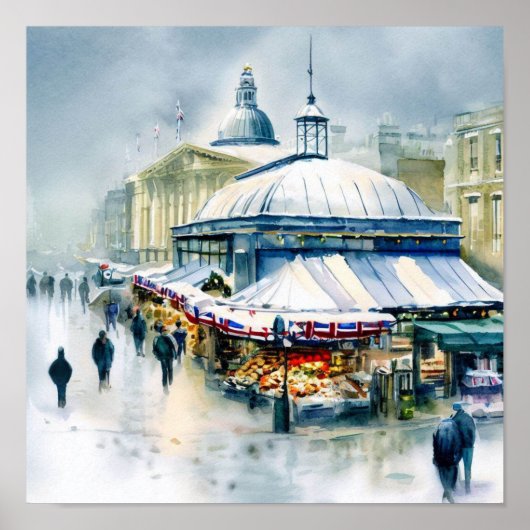 Poster London-Greenwich Market in the Snow (D), Aquarelle (Devant)