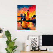Poster London Teddy Beanie Sunset Thames Reflection (Bureau à domicile)