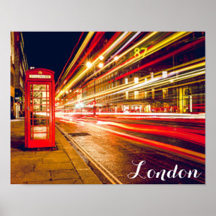 Poster London Telephone Booth Bus City Street le soir