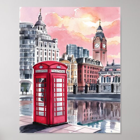 Poster London Telephone Booth Watercolor (Devant)
