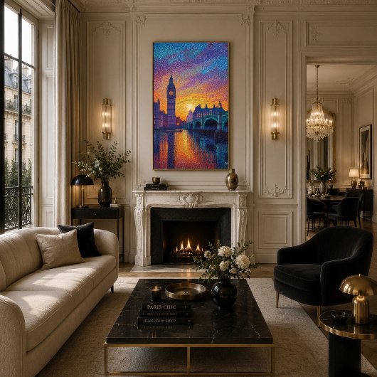 Poster Londres Big Ben Pointillisme Skyline Coucher de so