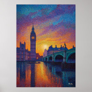 Poster Londres Big Ben Pointillisme Skyline Coucher de so