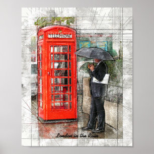 Poster Londres Pluie comme d'habitude Crayon dessiné