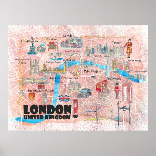 Poster Londres Royaume-Uni Carte illustrée avec des monum (Devant)