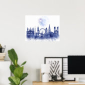 Poster Londres Skyline - Aquarelle bleue (Bureau à domicile)