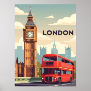 Poster Londres vintage avec Big Ben et bus rouge