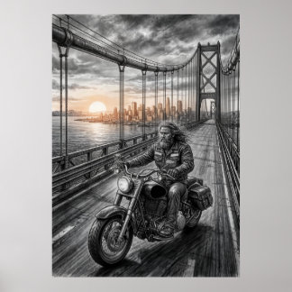 Poster Lone Biker Crosses Suspension Bridge City Skyline