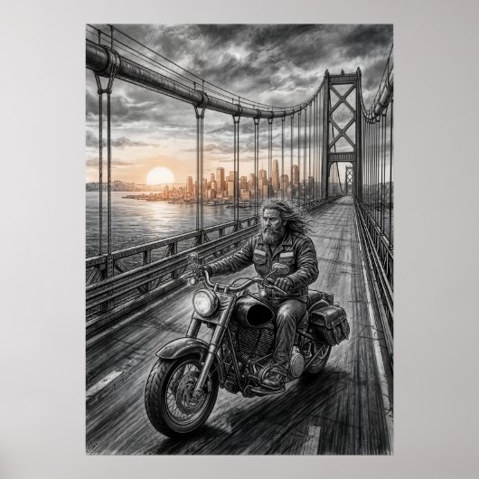 Poster  Lone Biker Crosses Suspension Bridge City Skyline (Devant)