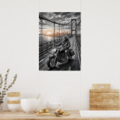 Poster  Lone Biker Crosses Suspension Bridge City Skyline (Cuisine)
