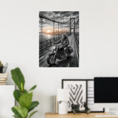 Poster  Lone Biker Crosses Suspension Bridge City Skyline (Bureau à domicile)