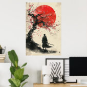 Poster Lone Samurai – Red Sun Japanese Ink Art (Bureau à domicile)