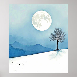 Poster Lone Tree: Serene Full Moon Silence Art
