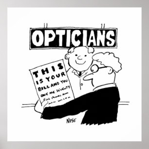Poster L'opticien présente sa facture. Dessin animé drôle