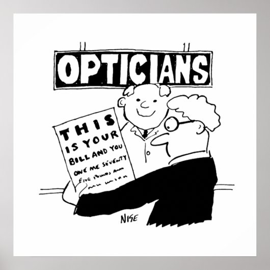 Poster L'opticien présente sa facture. Dessin animé drôle (Devant)