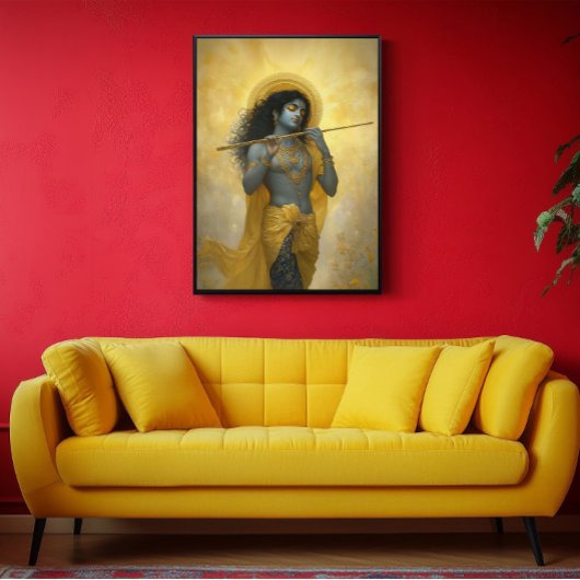 Poster Lord Krishna Jouant L'Art Jaune Doré Flute